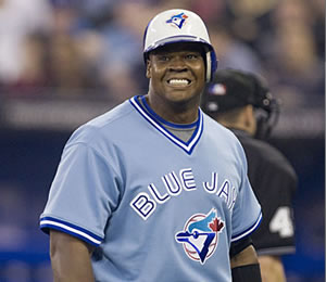 Frank Thomas sporting a retro Blue Jays uniform on 04/04/08